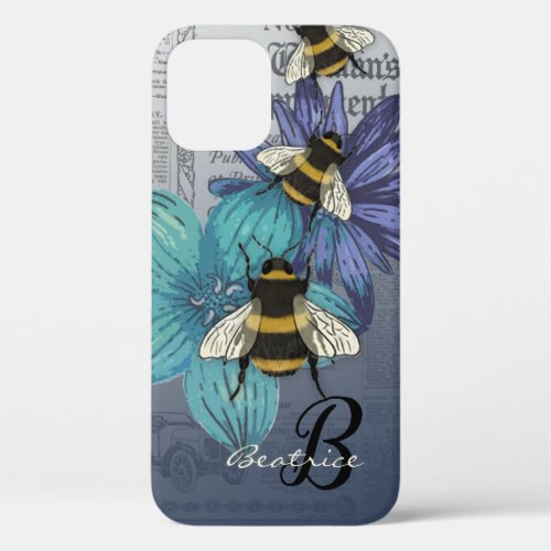 Retro Bumble Bee floral monogram iPhone 12 Case