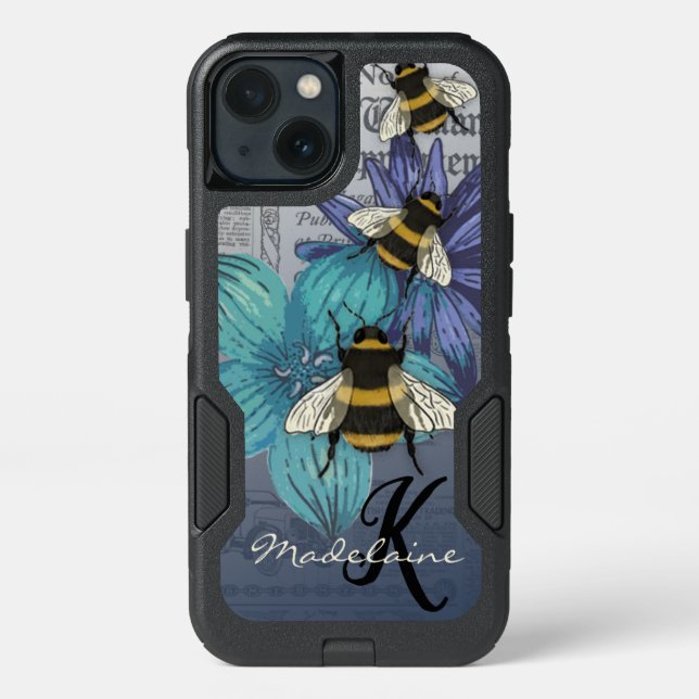 Retro Bumble Bee floral monogram Otterbox iPhone Case (Back)