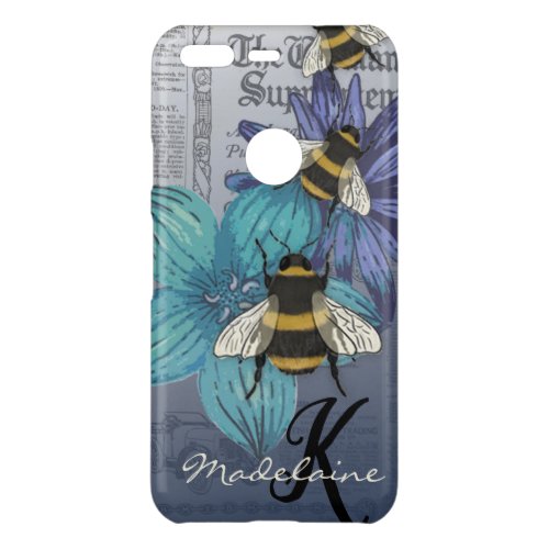Retro Bumble Bee floral monogram  Uncommon Google Pixel Case