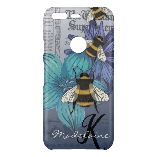 Retro Bumble Bee floral monogram  Uncommon Google Pixel Case (Back)