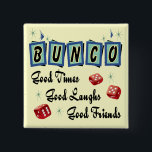 Retro Bunco Button<br><div class="desc">Here is a fun Bunco inspired graphic design that features retro 50's colors and a retro themed design.  Show you love of bunco with this good times,  good laughs and good friends button.  Give one as a prize or gift.   Button features three red lucky dice.</div>
