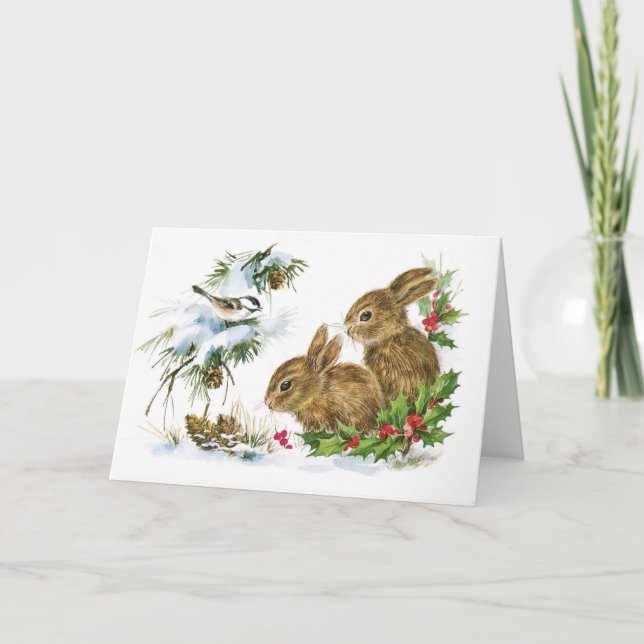 Retro Bunny Rabbit and Birds Winter Christmas Holiday Card (Front)