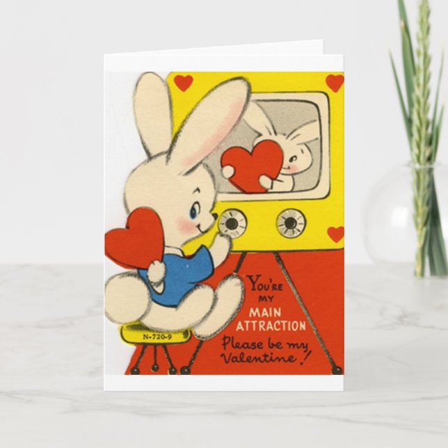 Retro Bunny Watching TV Valentine's Day Card (Front)
