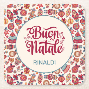 Retro Buon Natale Personalized Square Paper Coaster