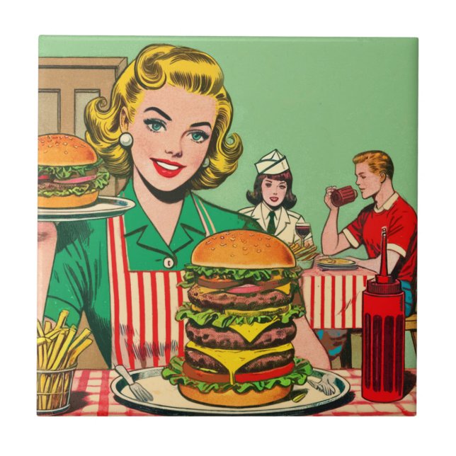 Retro Burger Comics Ceramic Tile (Front)