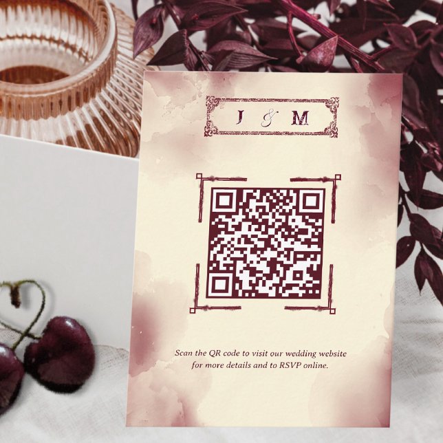 Retro Burgundy and Ivory Wedding Website QR Code  Enclosure Card (Creator Uploaded)