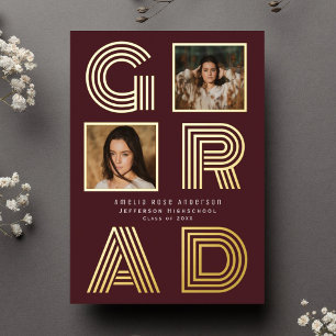 Retro Burgundy Foil Graduation Photo Announcement