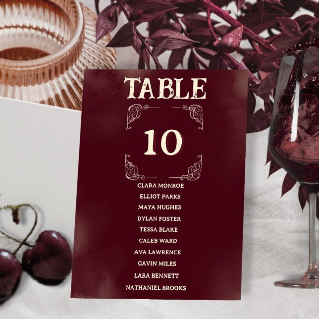 Retro Burgundy Ivory Wedding Seating Guest Names Table Number (Creator Uploaded)