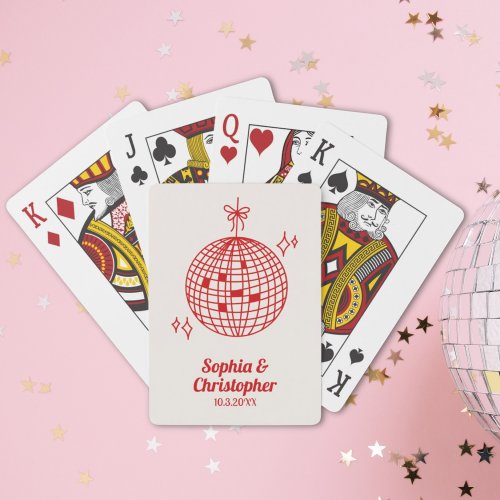 Retro Burgundy Red Disco Ball Wedding Personalized Poker Cards