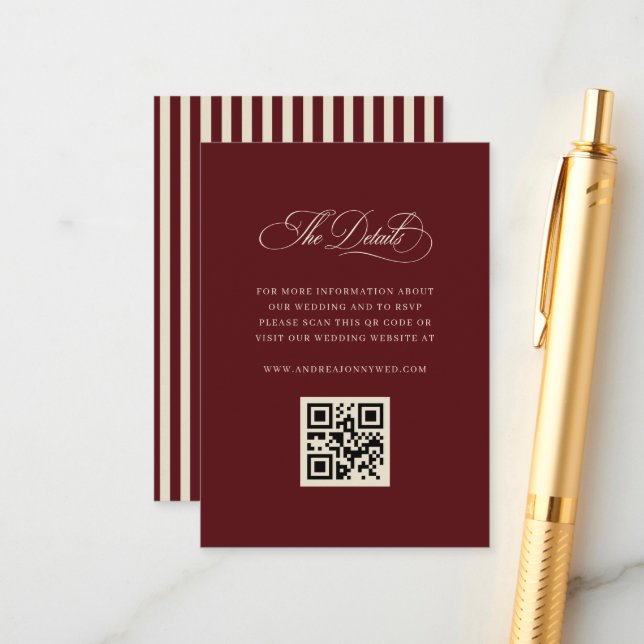 Retro Burgundy Stripes QR Code Wedding Details Enclosure Card (Front/Back In Situ)