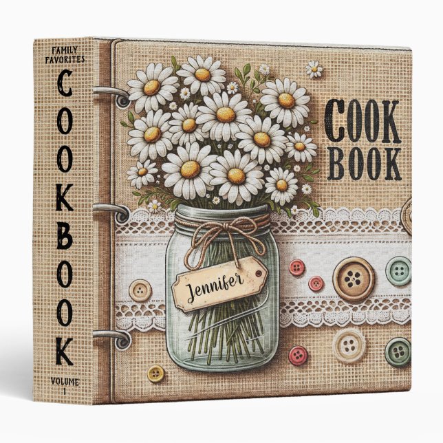 Retro Burlap Look Mason Jar  and Daisy Cookbook 3 Ring Binder (Front/Spine)