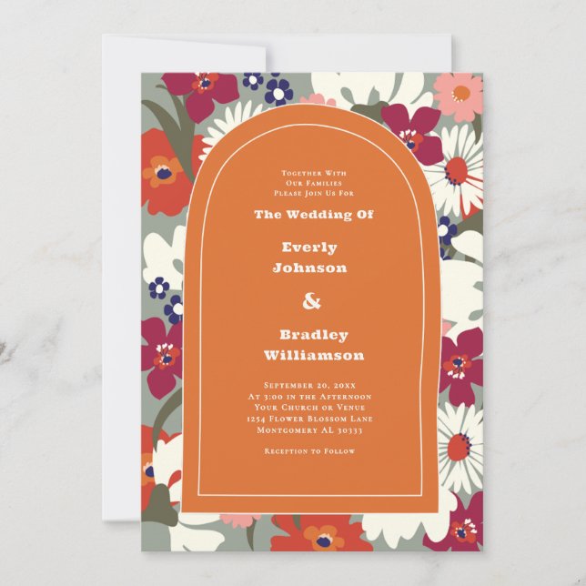  Retro Burnt Orange Bold Floral Boho Wedding Invitation (Front)