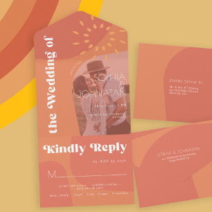 Retro burnt orange bold PHOTO rsvp wedding All In One Invitation