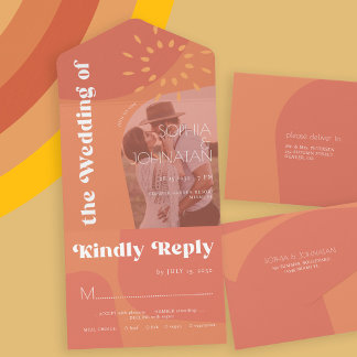 Retro burnt orange bold PHOTO rsvp wedding All In One Invitation