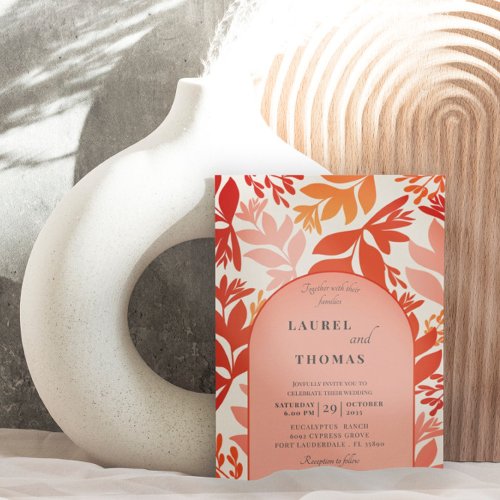 Retro Burnt Orange Botanical Arch Wedding Invitation