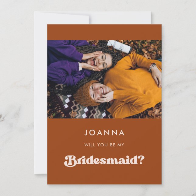 Retro burnt orange Bridesmaid proposal card (Front)
