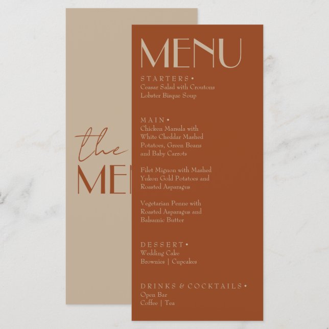 Retro Burnt Orange Gold Old Money Fancy Wedding Menu (Front/Back)