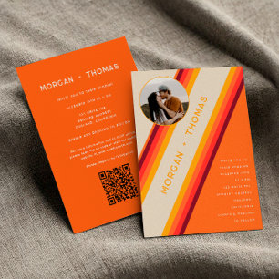 Retro Burnt Orange Stripes 70s 80s QR Code Wedding Invitation