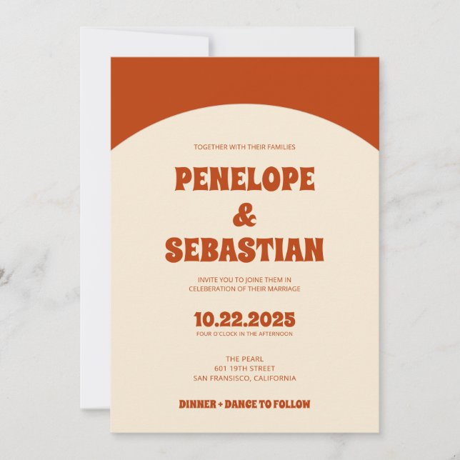  Retro Burnt Orange Terracotta Groovy Bold Wedding Invitation (Front)