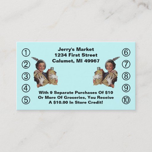 Customizable Retro Business Punch Cards Happy Grocery Shopper Business Card Template