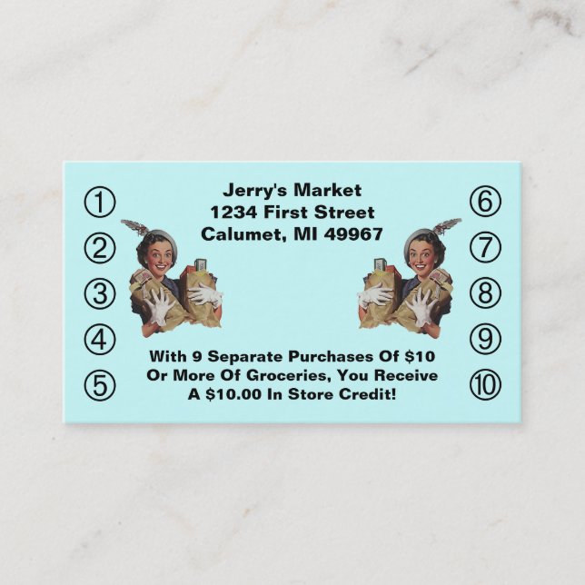 Retro Business Punch Cards Happy Grocery Shopper (Front)