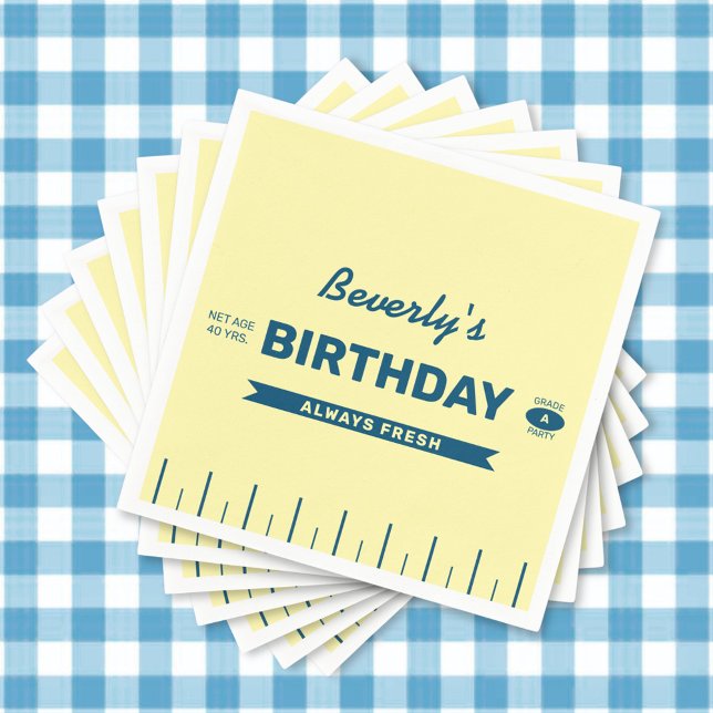 Retro Butter Stick Personalized Birthday Party Napkins (Custom yellow butter stick napkins for a fresh birthday celebration for any year.)