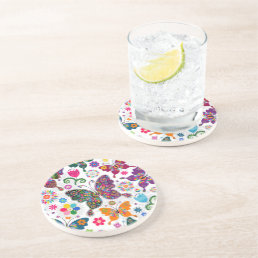 Retro Butterflies And Flowers Pattern Drink Coaster