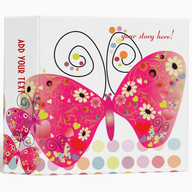 Retro butterflies, spring flowers with polka dots 3 ring binder (Front/Spine)