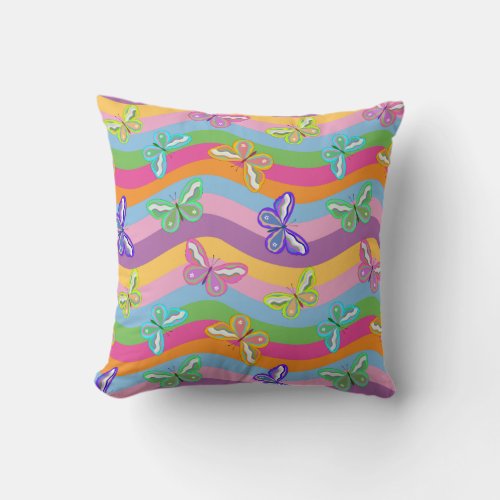 Retro butterflies  stripes throw pillow