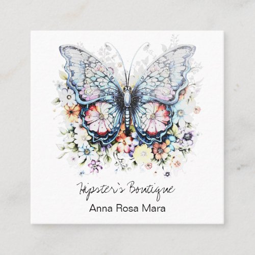   Retro Butterfly AP57 Boho QR Floral Soft Square Business Card