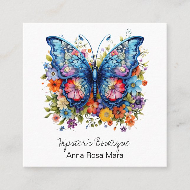 *~*  Retro Butterfly AP57 Boho QR Vintage Flowers Square Business Card (Front)