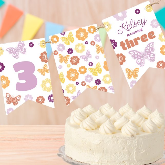 Retro Butterfly Birthday Party Bunting Flags (Retro Butterfly Personalized Birthday Banner)