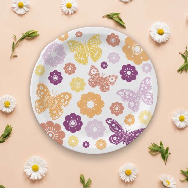 Retro Butterfly Birthday Party Paper Plates (Retro Butterfly Party Plates)