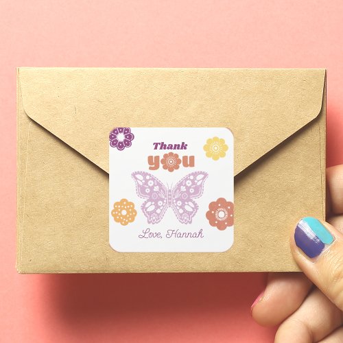Retro Butterfly Birthday Thank You Square Sticker