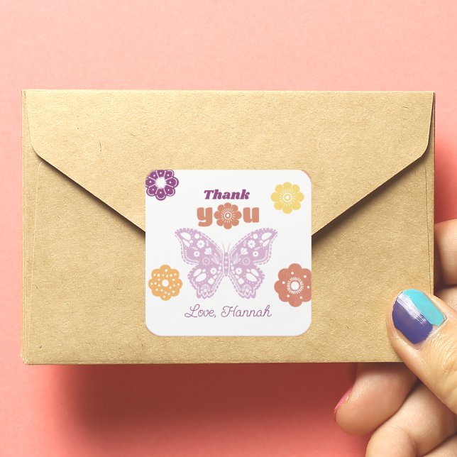 Retro Butterfly Birthday Thank You Square Sticker (Retro Butterfly Thank You Favor Stickers)