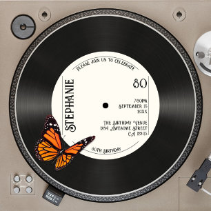 Retro Butterfly Faux Record Music 80th Birthday Invitation