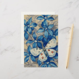 retro, butterfly on blue flowers background stationery