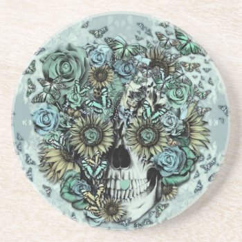 Retro Butterfly Rose Skull Sandstone Coaster by KPattersonDesign at Zazzle