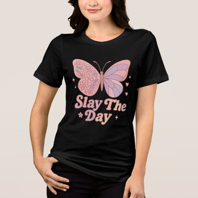 Retro Butterfly “Slay The Day” Art Tri-Blend Shirt (Front)
