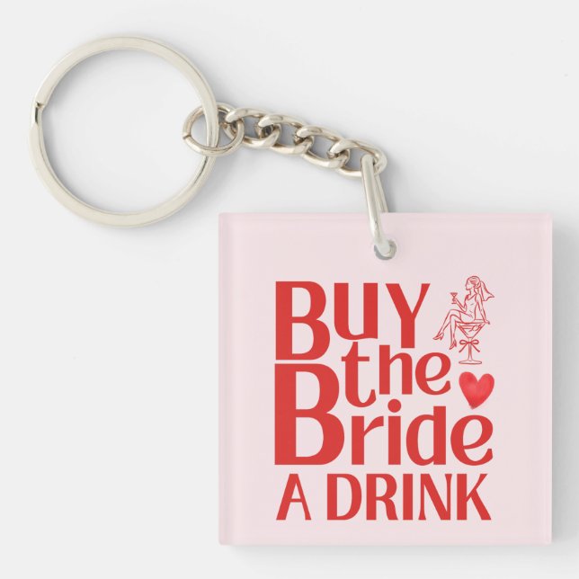 Retro Buy The Bride A Drink QR Code Red Pink Keychain (Front)