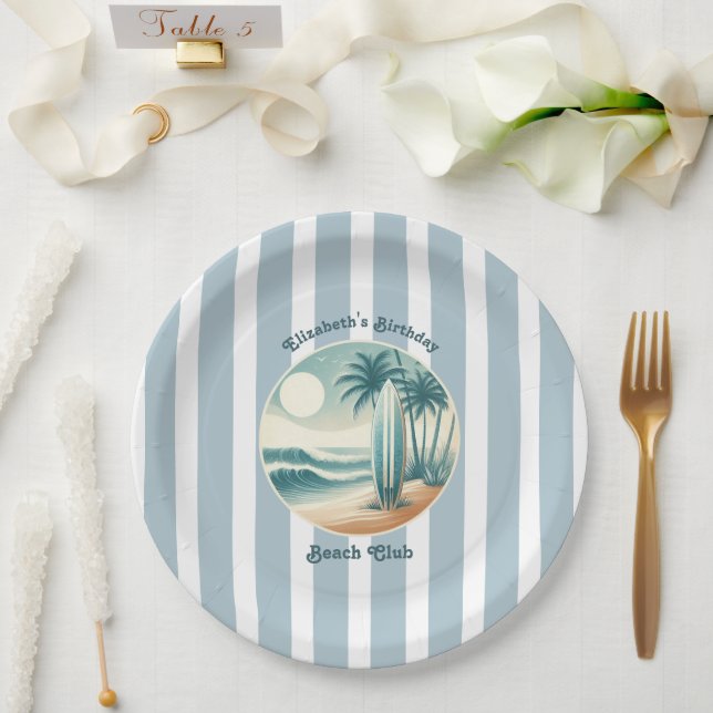 Retro Cabana Stripes Beach Club Surfboard Birthday Paper Plates (Wedding)