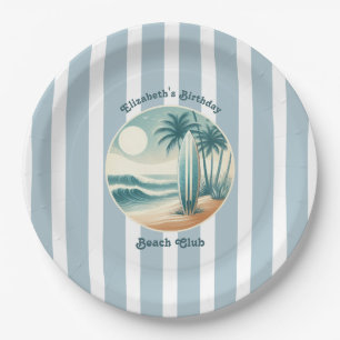 Retro Cabana Stripes Beach Club Surfboard Birthday Paper Plates