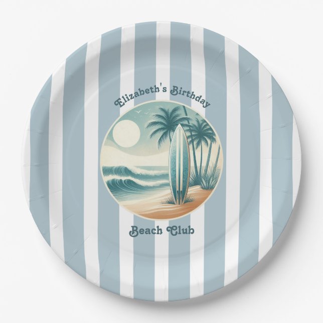 Retro Cabana Stripes Beach Club Surfboard Birthday Paper Plates (Front)