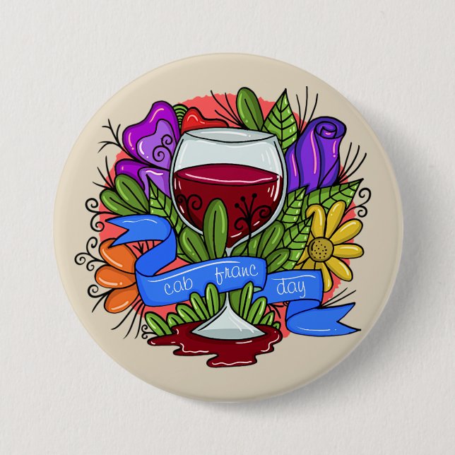Retro Cabernet Franc Day, floral arsty wine Button (Front)