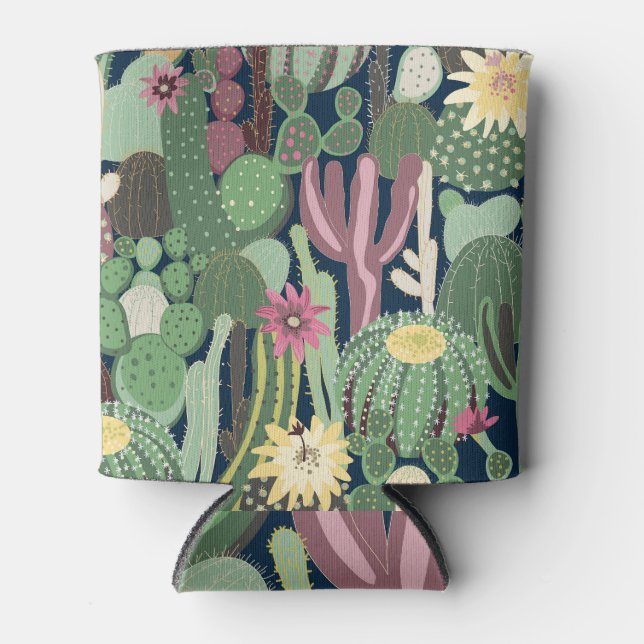 Retro Cactus Design: Seamless Fabric Texture Can Cooler (Front)
