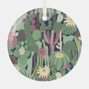 Retro Cactus Design: Seamless Fabric Texture Glass Ornament