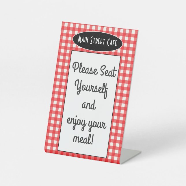Retro Cafe Red Gingham Please Seat Yourself Pedestal Sign (Front)