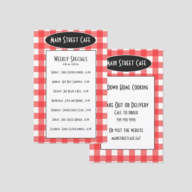 Retro Cafe Red Gingham Weekly Specials Hotel Room  Menu (Front/Back)