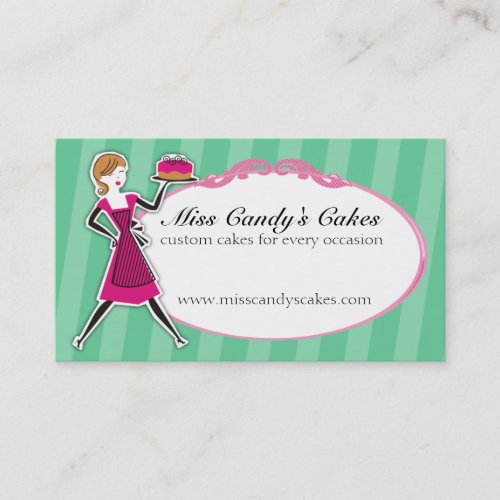 retro cake baking girl carrying bakery dessert business card