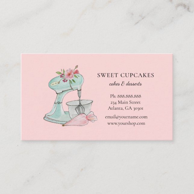 Retro Cake mixer pink bakery  Business Card (Front)